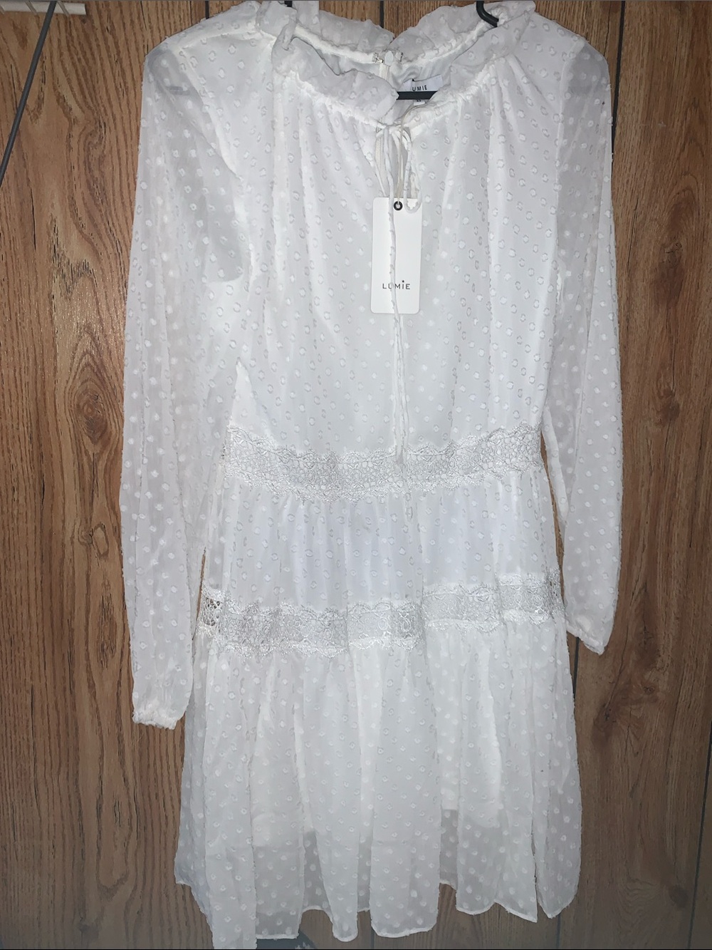 Lumi White Swiss Dot Long Sleeve Lace-Tier Dress